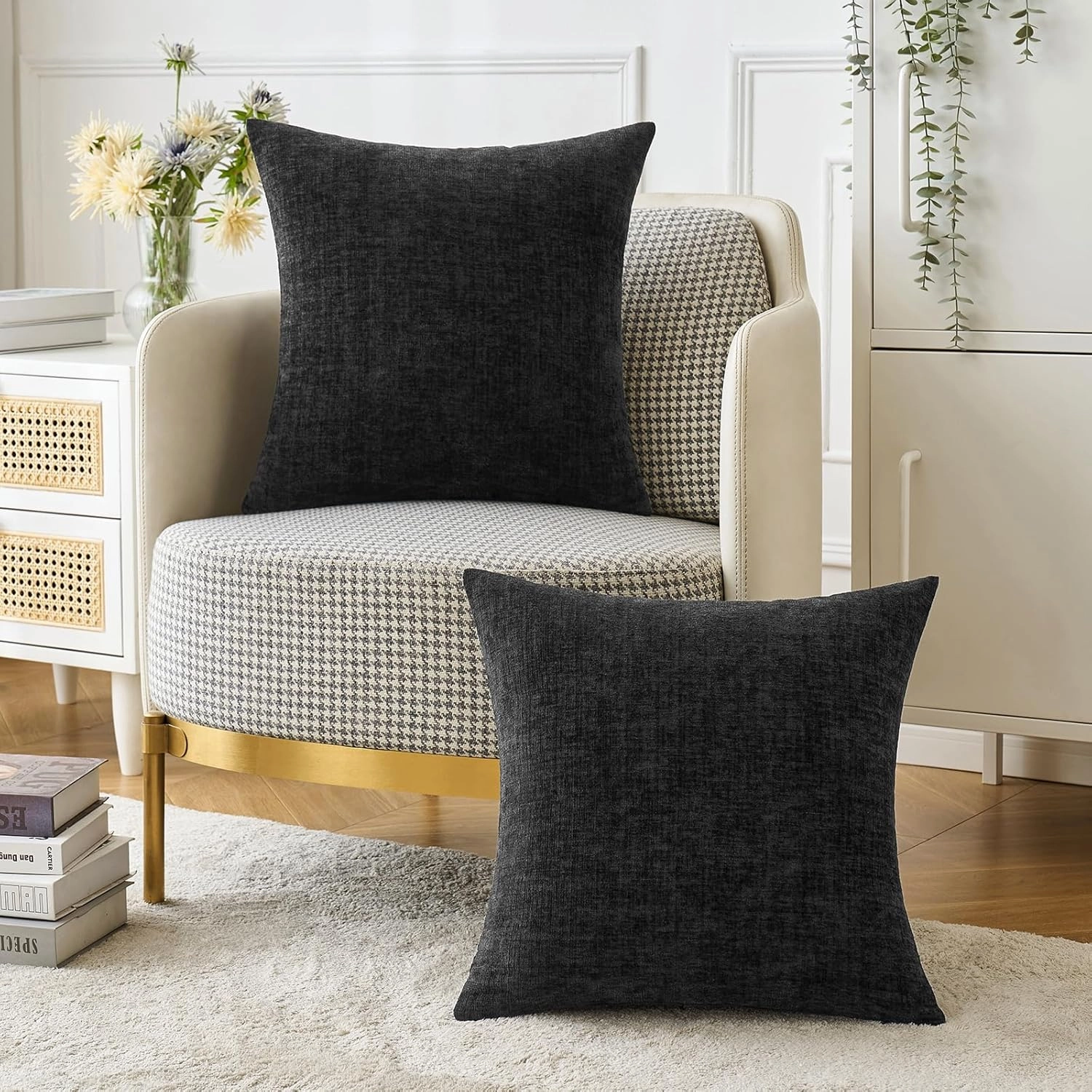 MIULEE Halloween Pack of 2 Couch Throw Pillow Covers 18x18 Inch Soft Black Chenille Pillow Covers for Sofa Living Room Solid Dyed Pillow Cases