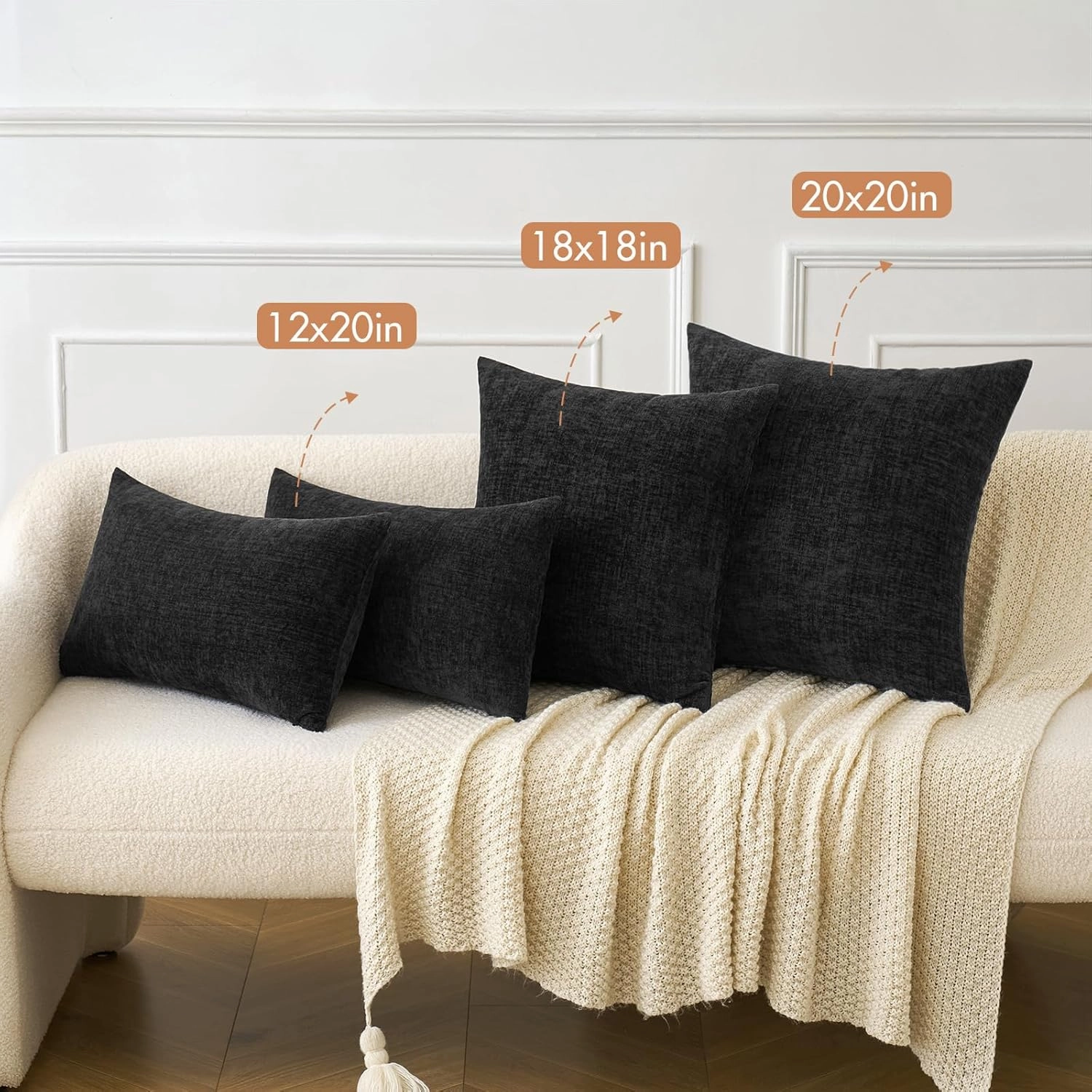 MIULEE Halloween Pack of 2 Couch Throw Pillow Covers 18x18 Inch Soft Black Chenille Pillow Covers for Sofa Living Room Solid Dyed Pillow Cases