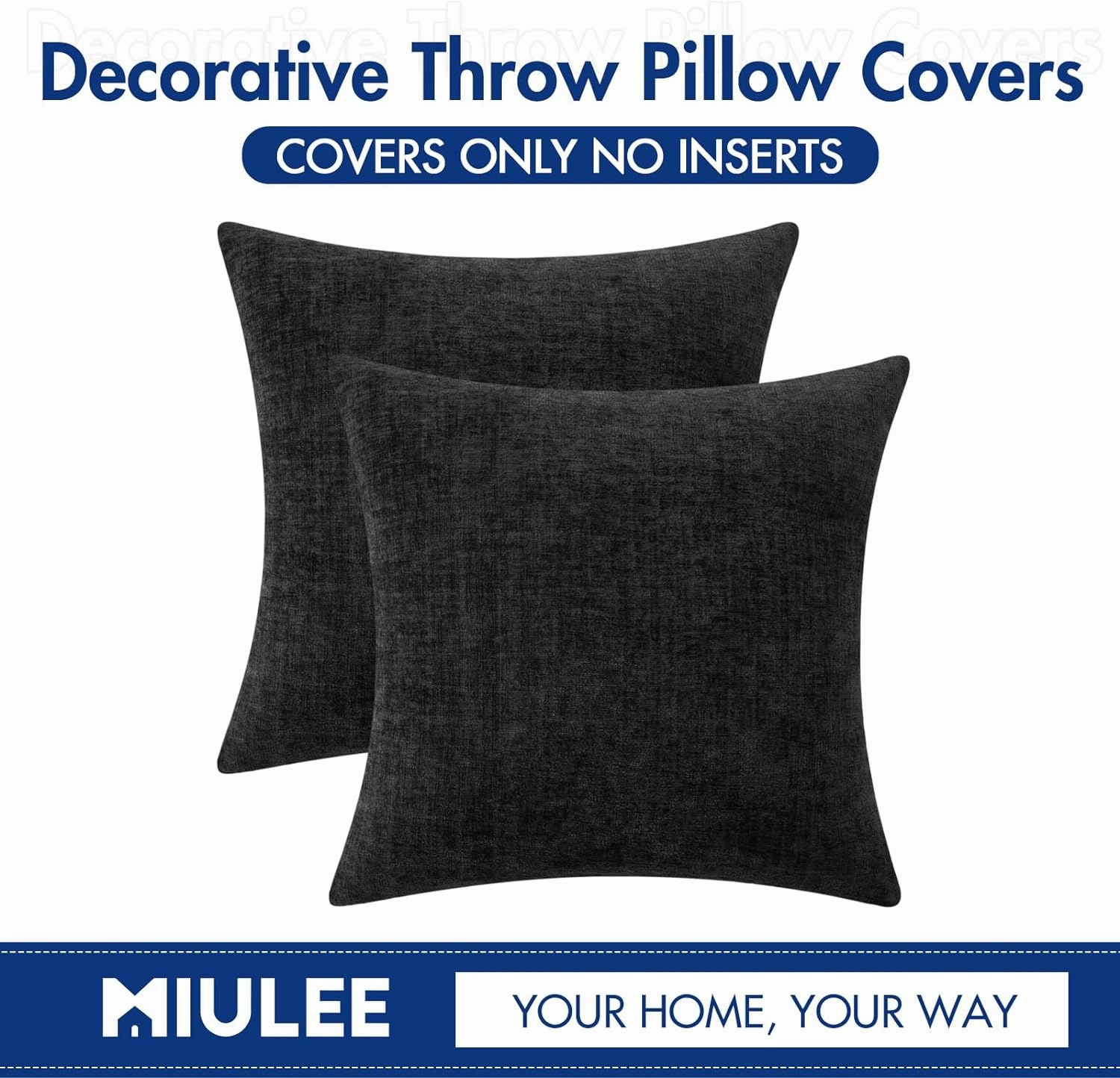 MIULEE Halloween Pack of 2 Couch Throw Pillow Covers 18x18 Inch Soft Black Chenille Pillow Covers for Sofa Living Room Solid Dyed Pillow Cases