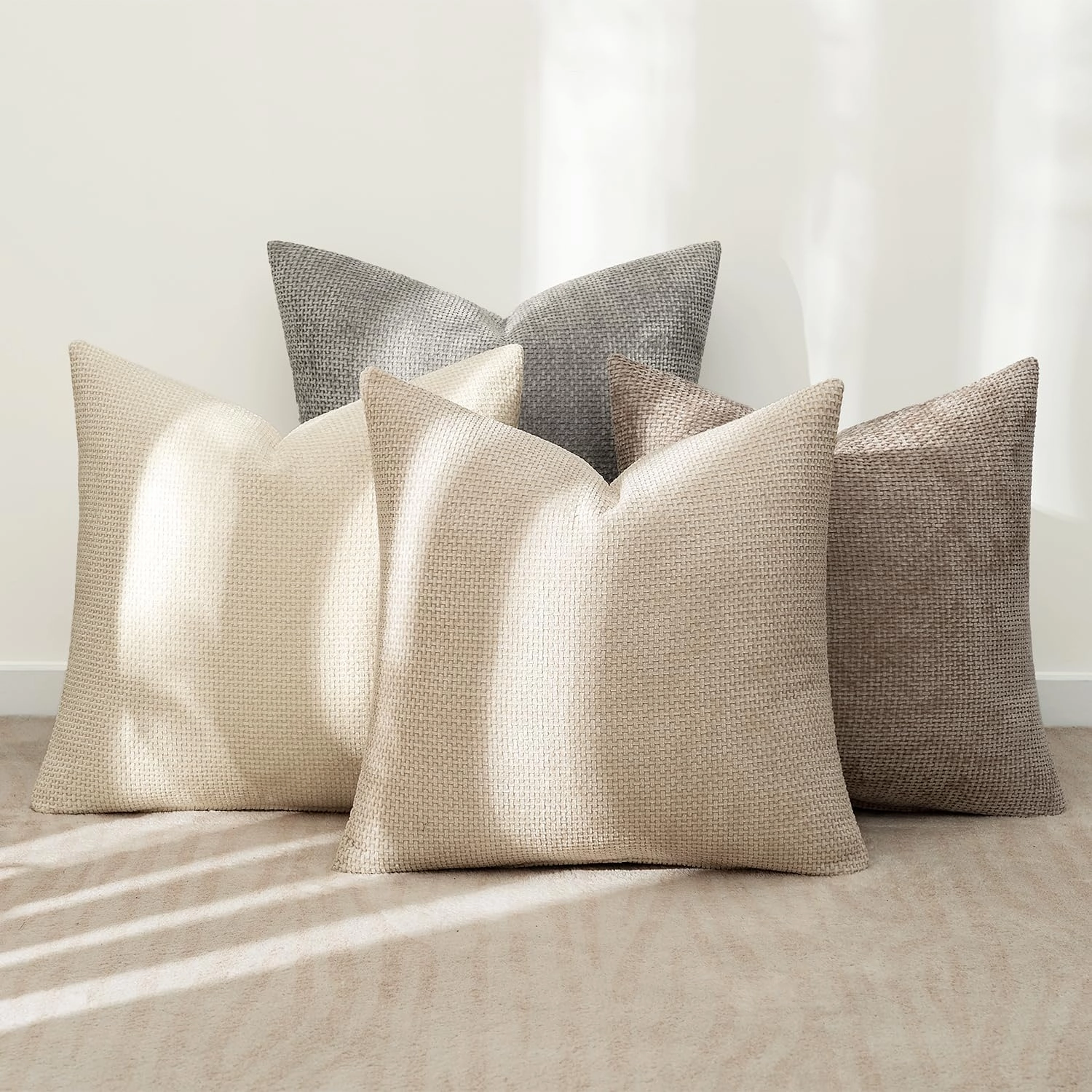 MIULEE Pack of 4 Couch Throw Pillow Covers 18x18 Inch Neutral Beige/Brown Soft Decorative Chenille Pillow Covers Farmhouse Accent Cushion Covers for Boho Home Decor Sofa Bedroom Living Room