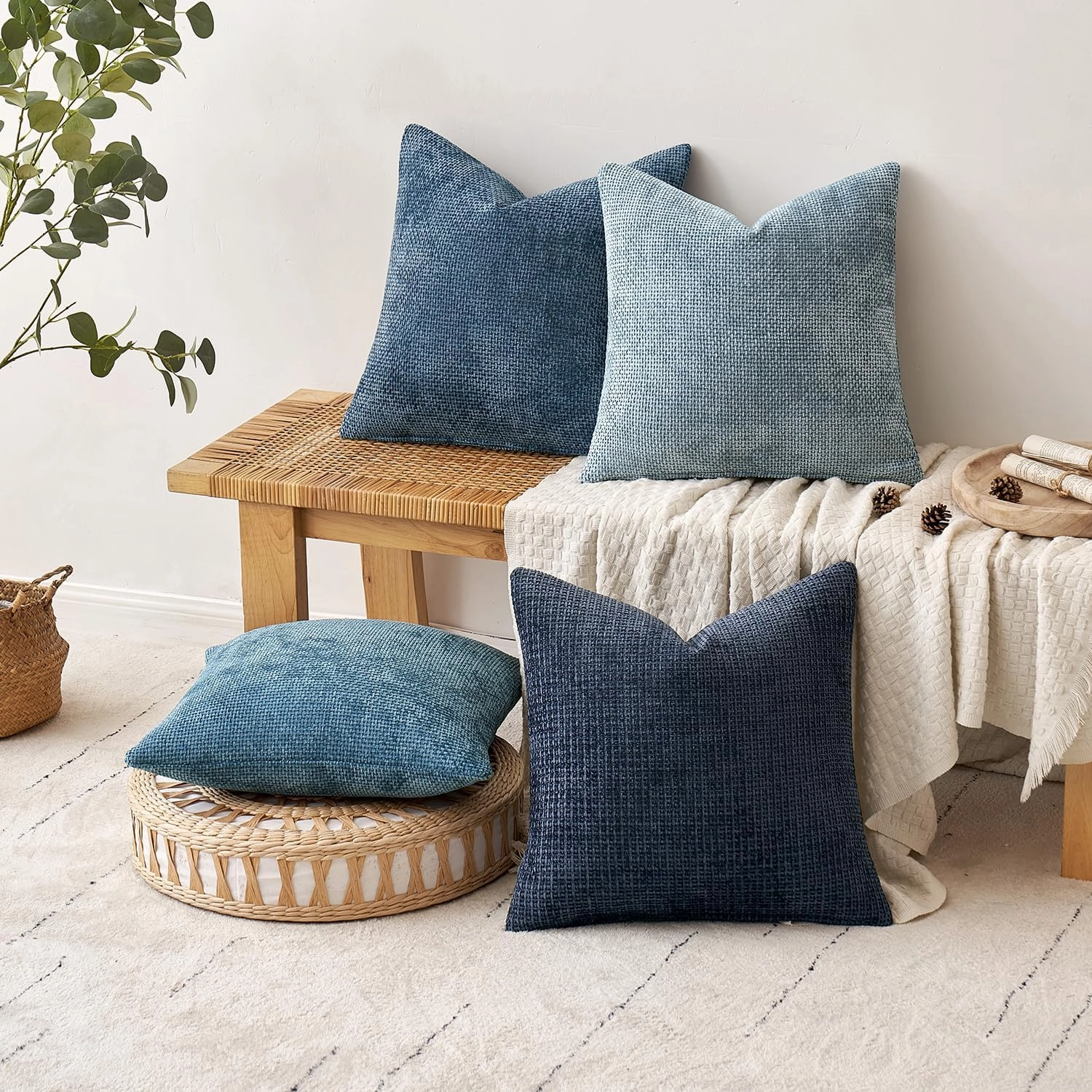 MIULEE Pack of 4 Couch Throw Pillow Covers 18x18 Inch Neutral Blue Soft Decorative Chenille Pillow Covers Farmhouse Accent Cushion Covers for Boho Western Home Decor Sofa Bedroom Living Room