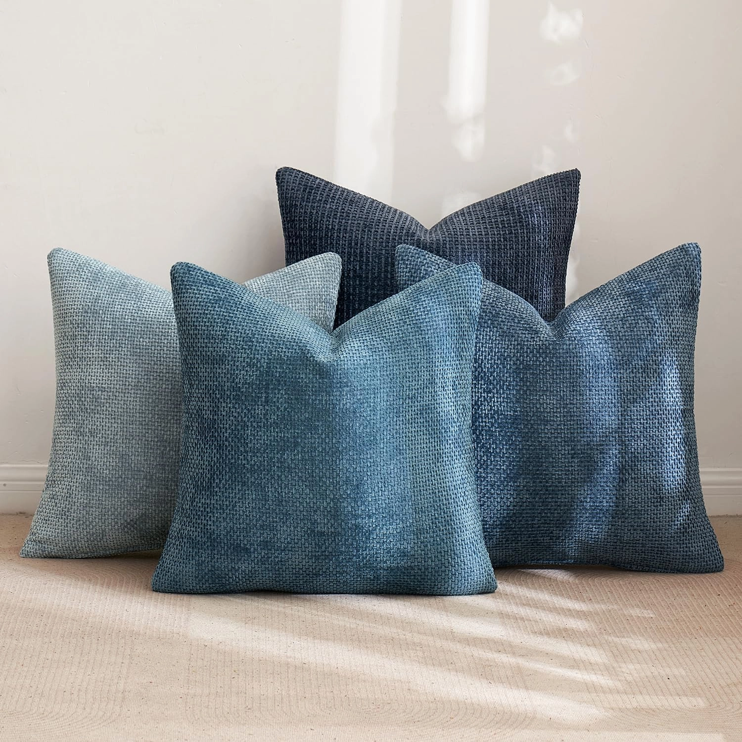 MIULEE Pack of 4 Couch Throw Pillow Covers 18x18 Inch Neutral Blue Soft Decorative Chenille Pillow Covers Farmhouse Accent Cushion Covers for Boho Western Home Decor Sofa Bedroom Living Room