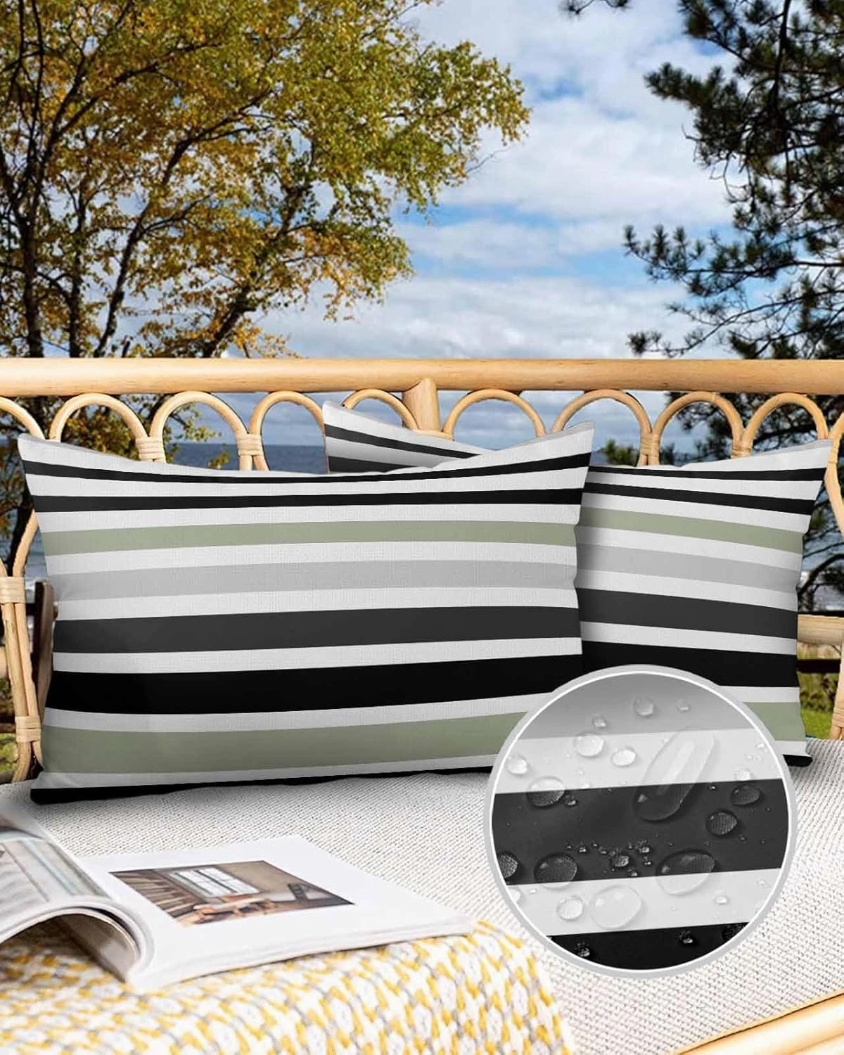 Modern Sage Green Black White Grey Stripes Outdoor Pillow Covers 20x12in Pack of 2 Waterproof Pillowcase Simple Lines Decorative Throw Cushion Case for Patio Couch Sofa