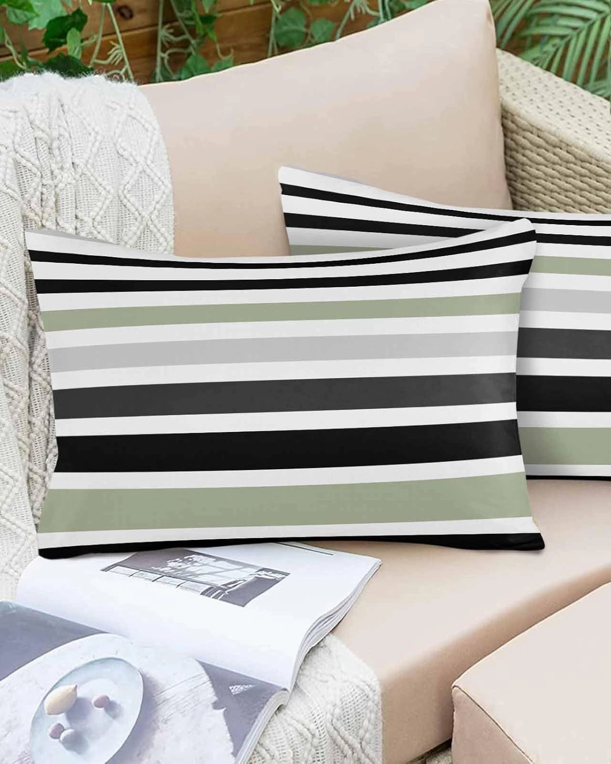 Modern Sage Green Black White Grey Stripes Outdoor Pillow Covers 20x12in Pack of 2 Waterproof Pillowcase Simple Lines Decorative Throw Cushion Case for Patio Couch Sofa