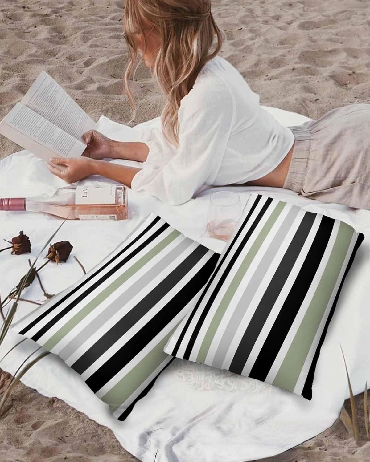 Modern Sage Green Black White Grey Stripes Outdoor Pillow Covers 20x12in Pack of 2 Waterproof Pillowcase Simple Lines Decorative Throw Cushion Case for Patio Couch Sofa