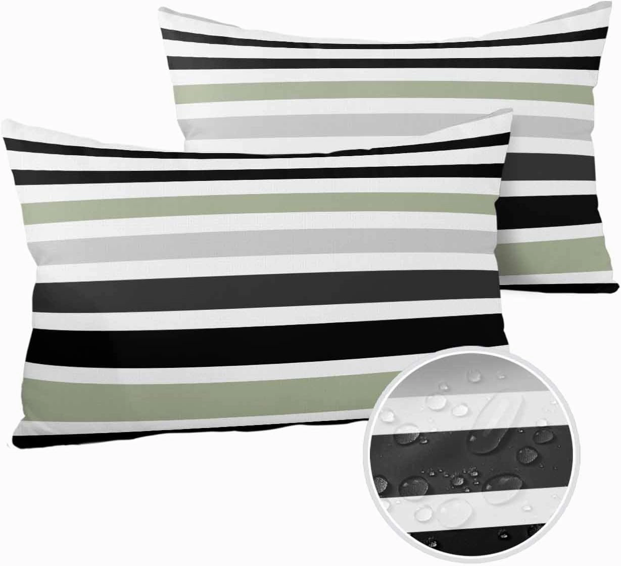 Modern Sage Green Black White Grey Stripes Outdoor Pillow Covers 20x12in Pack of 2 Waterproof Pillowcase Simple Lines Decorative Throw Cushion Case for Patio Couch Sofa