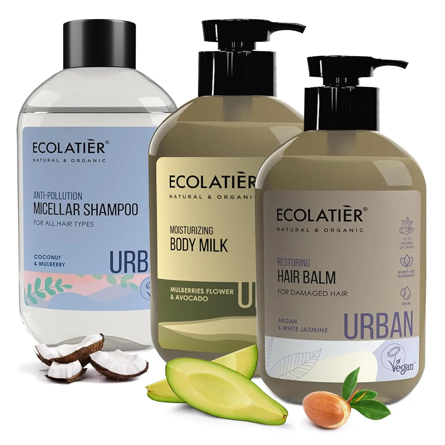 Moisturizing Body Milk, Micellar Anti-Pollution Shampoo & Restoring Hair Balm Set – Avocado Oil, Coconut Oil, Jasmine Extract, Moringa for Healthy Skin & Hair