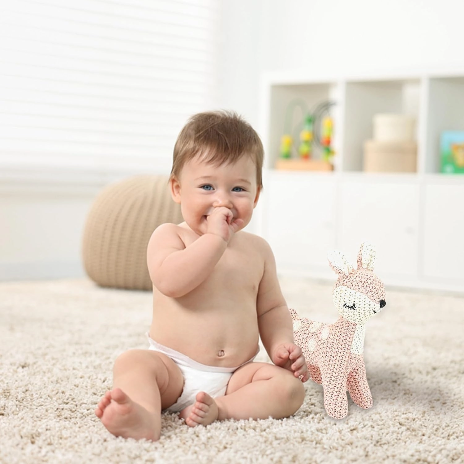 MON AMI Freja The Deer Knitted Plush Toy – 6”, Plush Fawn Crochet Stuffed Animal for Newborn