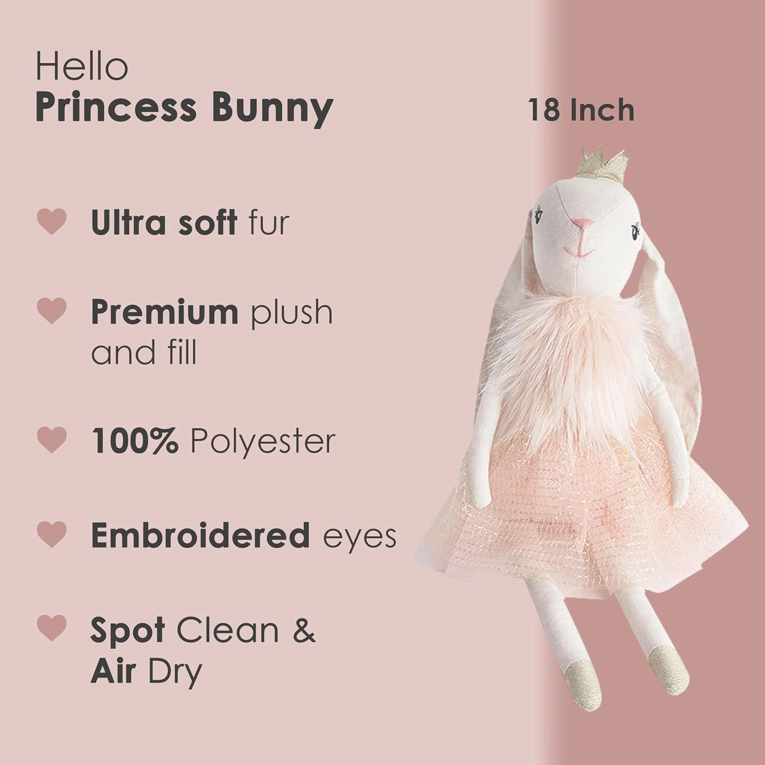 MON AMI Princess Bunny Stuffed Doll - 18", Soft & Cuddly Plush Animal Doll for Kids of All Ages, Use as Toy or Room Décor