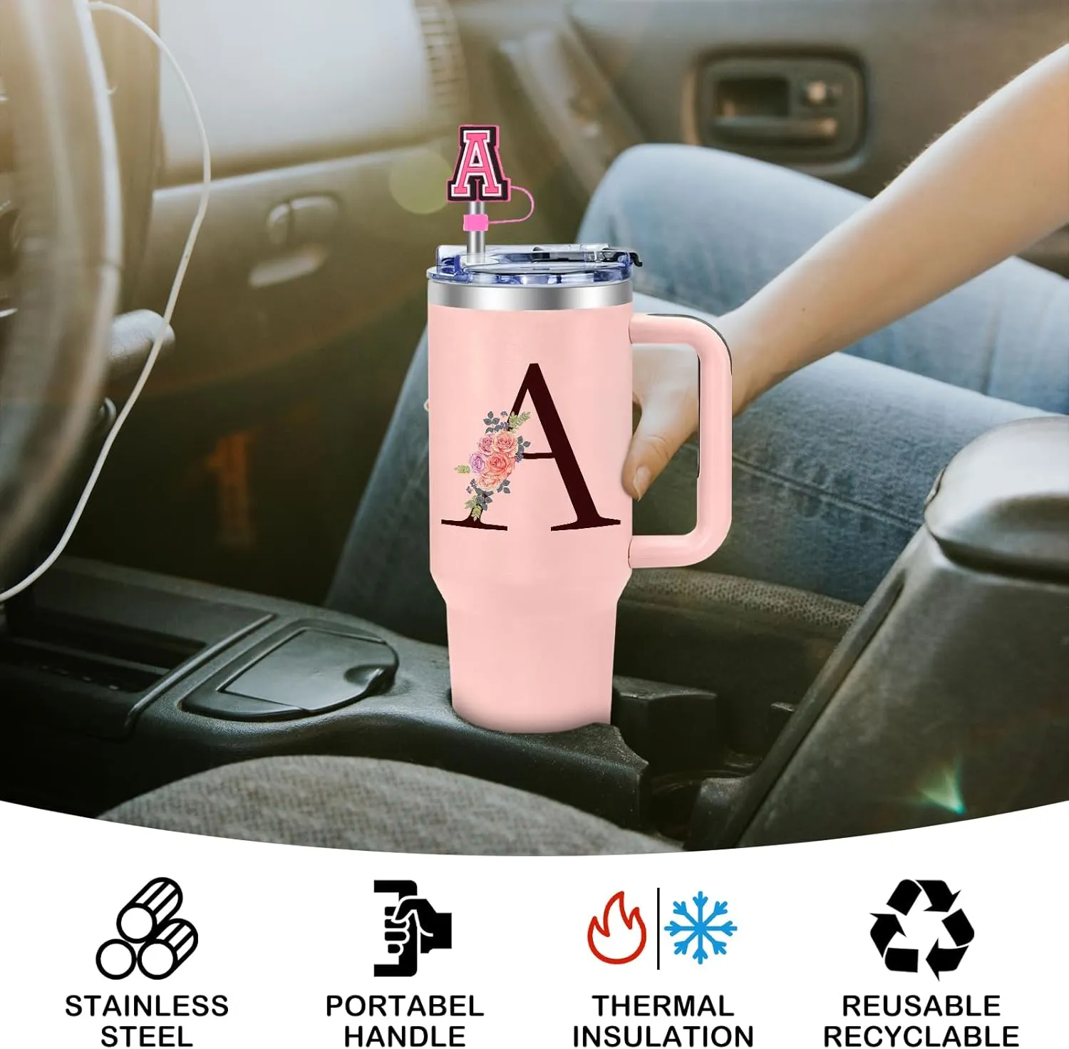 Monogrammed Gifts for Women,Personalized Gifts for Women,Birthday Gifts for Women,Personalized Tumbler with Handle,Customized Gifts for Woman,Cute Tumbler,Funny Gifts for Mom,Grandma -A