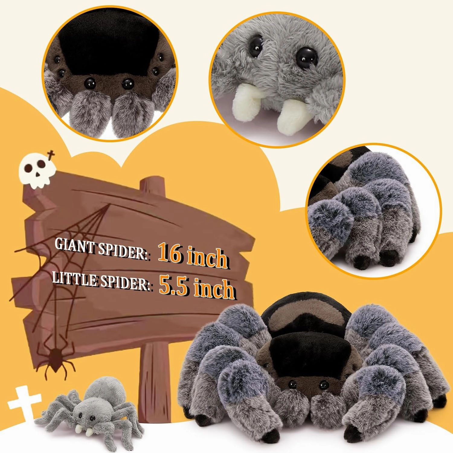 MorisMos 4Pcs Large Spider Plush, 16inch Mommy Spider Stuffed Animal with 3 Babies, Realistic Plush Toys, Soft Cuddly Gifts for Kids
