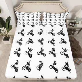 Motorcycle Kids Fitted Sheet Twin Size,Motorbikes Extreme Sports Games Bedding Set,Boys Girls Adults Room Decor,Off-Road Motorcycle Fashion Bed Cover,Black White Bed Sheet,1 Pillowcase