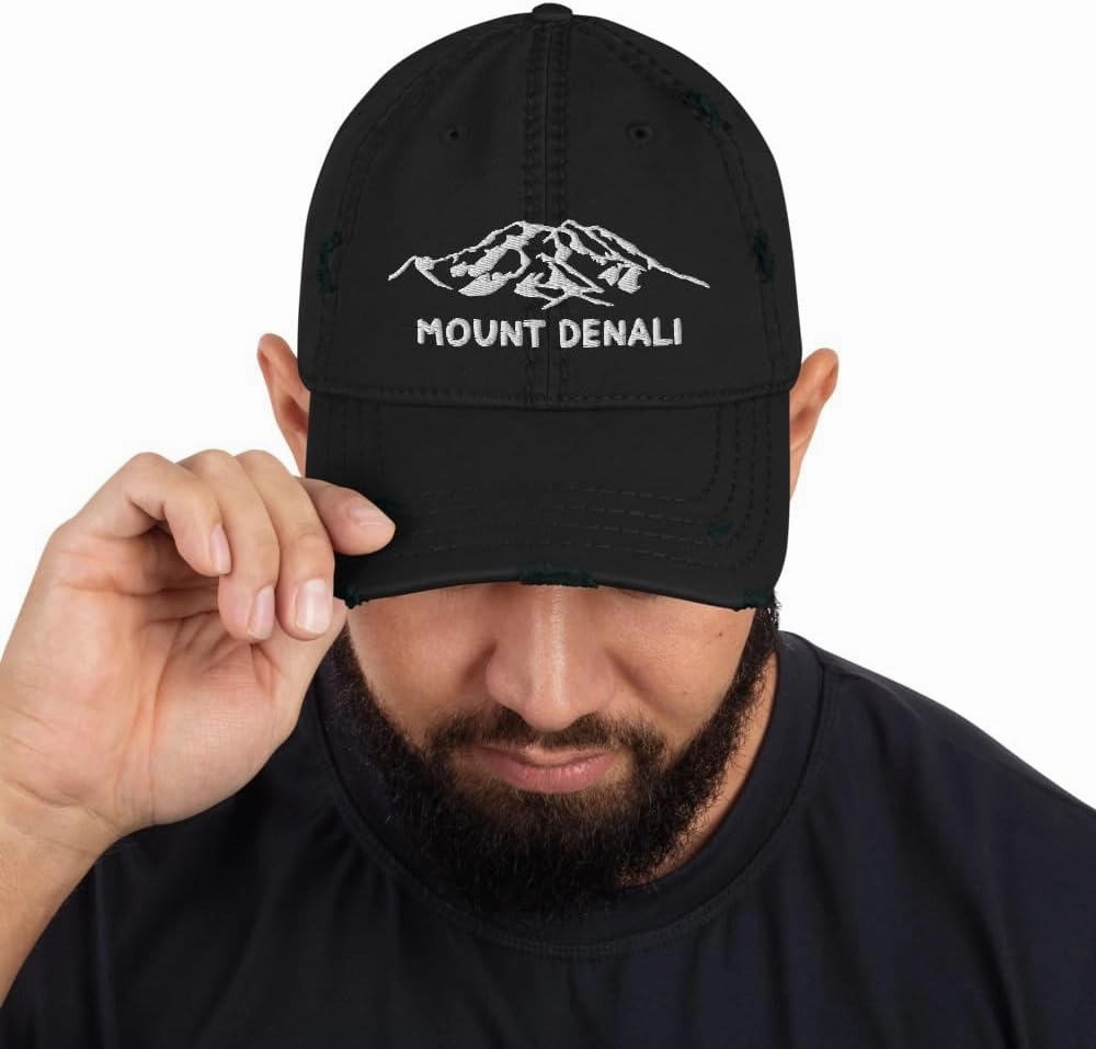 Mount Denali Distressed Dad Hat McKinley Alaska USA Highest Mountain Hiking Travel Exploration Hat