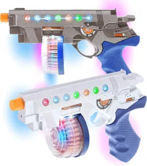 Mozlly Revolver Space Handgun Toy Set of 2 - Flashing LED Laser Guns for Kids with Sounds Effects, Realistic Blaster Gun Toy for Party Favors & Costume Dress Up Accessory Prop Pretend Play - 2 Pack