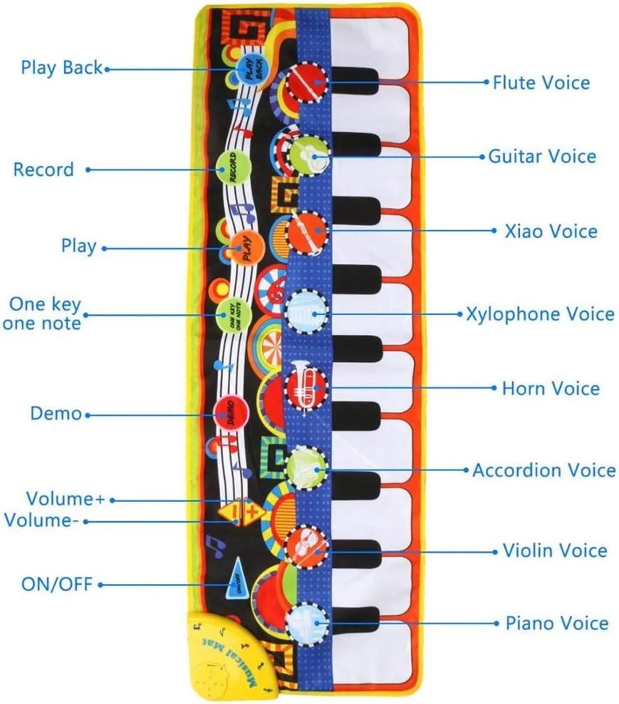 Musical Piano Mat, Keyboard Dance Blanket with 19 Keys, 8 Instruments, Built-in Speaker, Recorder and Playback for Kids, Girls, Boys, 43.3" x 14.2"