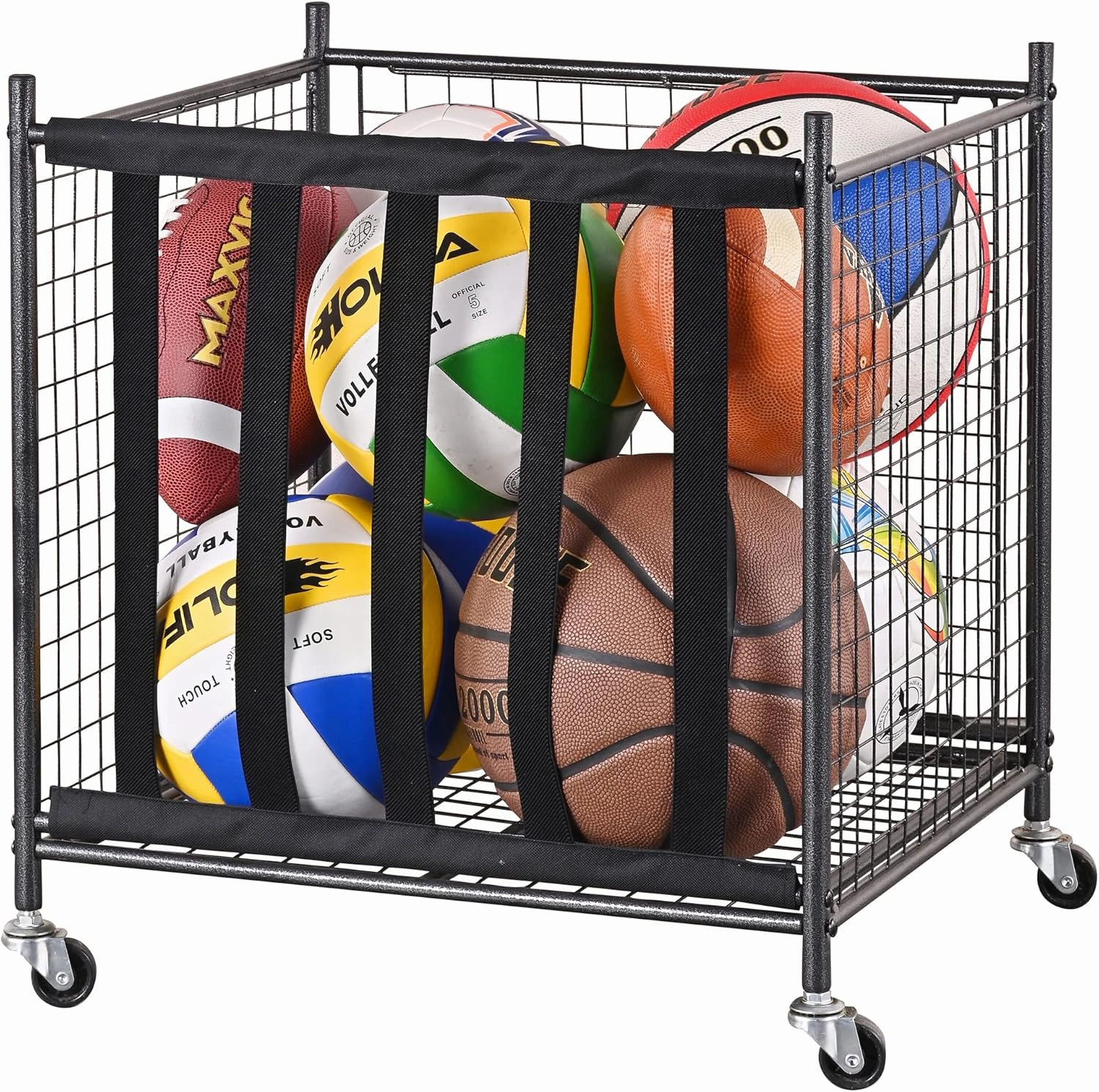 Mythinglogic Rolling Sports Ball Storage Cart, Sports Lockable Ball Storage Locker with Elastic Straps, Stackable Ball Cage for Garage Storage Garage Organizer (1 Set)