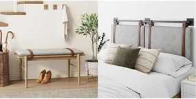 Nathan James Gugan Mid-Century Wood Entryway Bench Seat, Queen Gray Fabric Wall Mount Hanging Headboard with Brown Faux Leather Straps