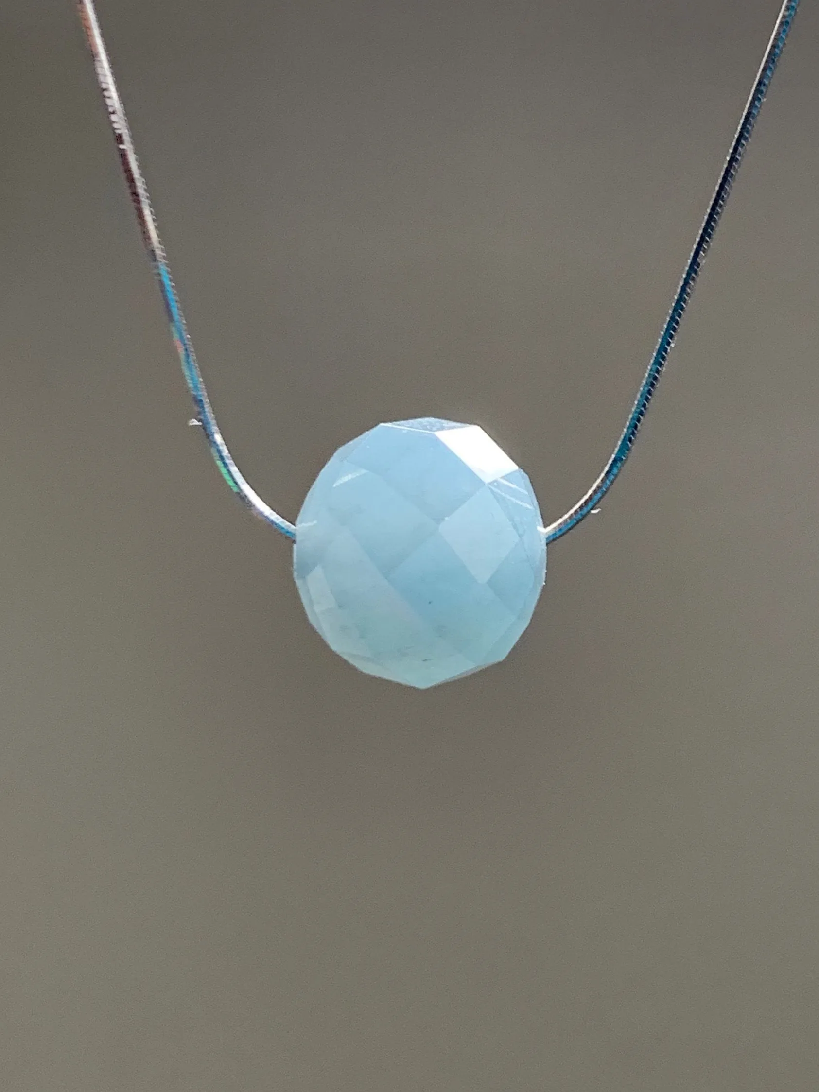 Natural Guatemalan Icy Translucent Light Dusty Blue Jadeite Faceted Drum Bead Pendant Sterling Silver Chain 17.5” adjustable 天然冰危淡蓝翡翠切割面鼓珠项链