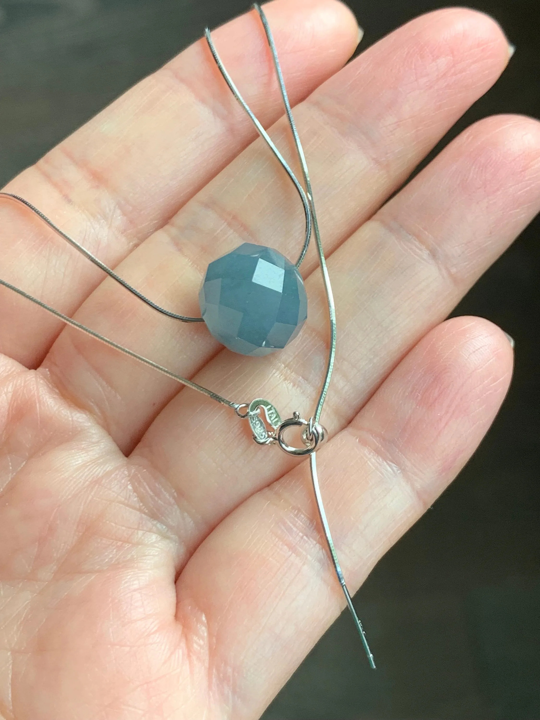 Natural Guatemalan Icy Translucent Light Dusty Blue Jadeite Faceted Drum Bead Pendant Sterling Silver Chain 17.5” adjustable 天然冰危淡蓝翡翠切割面鼓珠项链