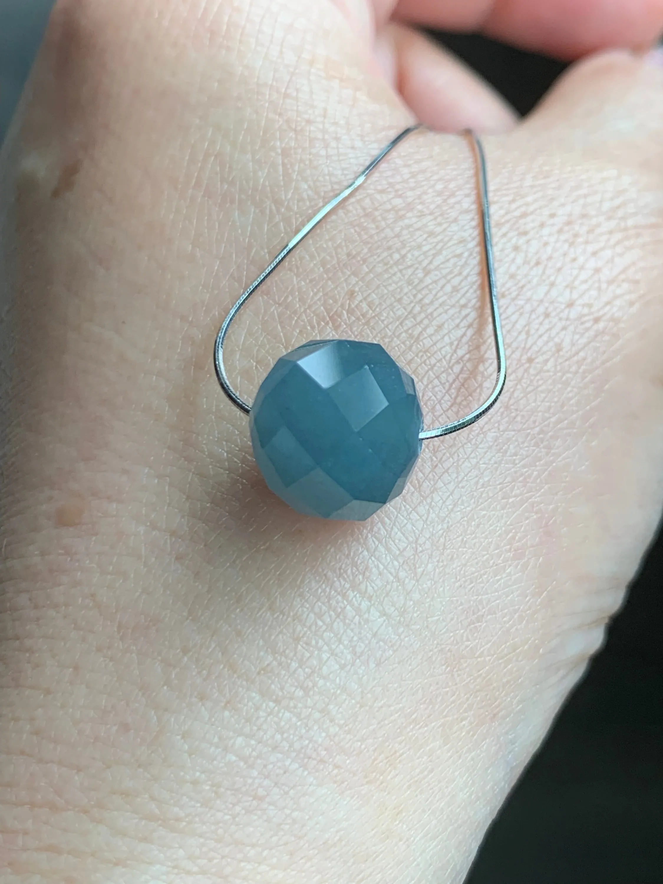 Natural Guatemalan Icy Translucent Light Dusty Blue Jadeite Faceted Drum Bead Pendant Sterling Silver Chain 17.5” adjustable 天然冰危淡蓝翡翠切割面鼓珠项链