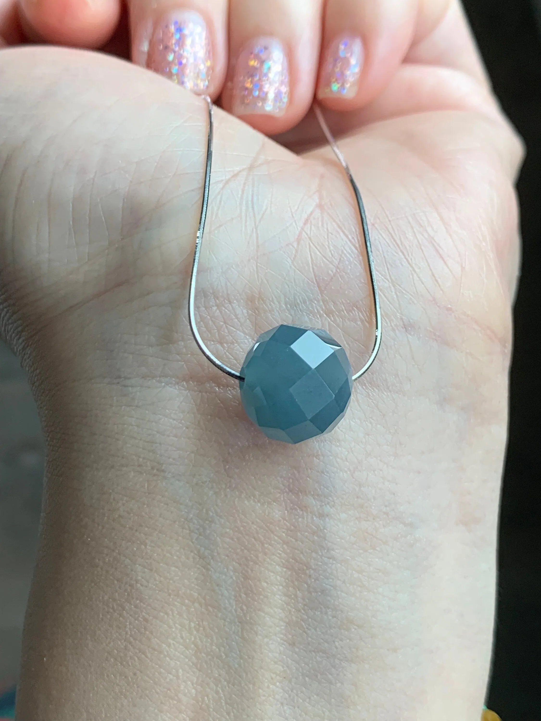 Natural Guatemalan Icy Translucent Light Dusty Blue Jadeite Faceted Drum Bead Pendant Sterling Silver Chain 17.5” adjustable 天然冰危淡蓝翡翠切割面鼓珠项链