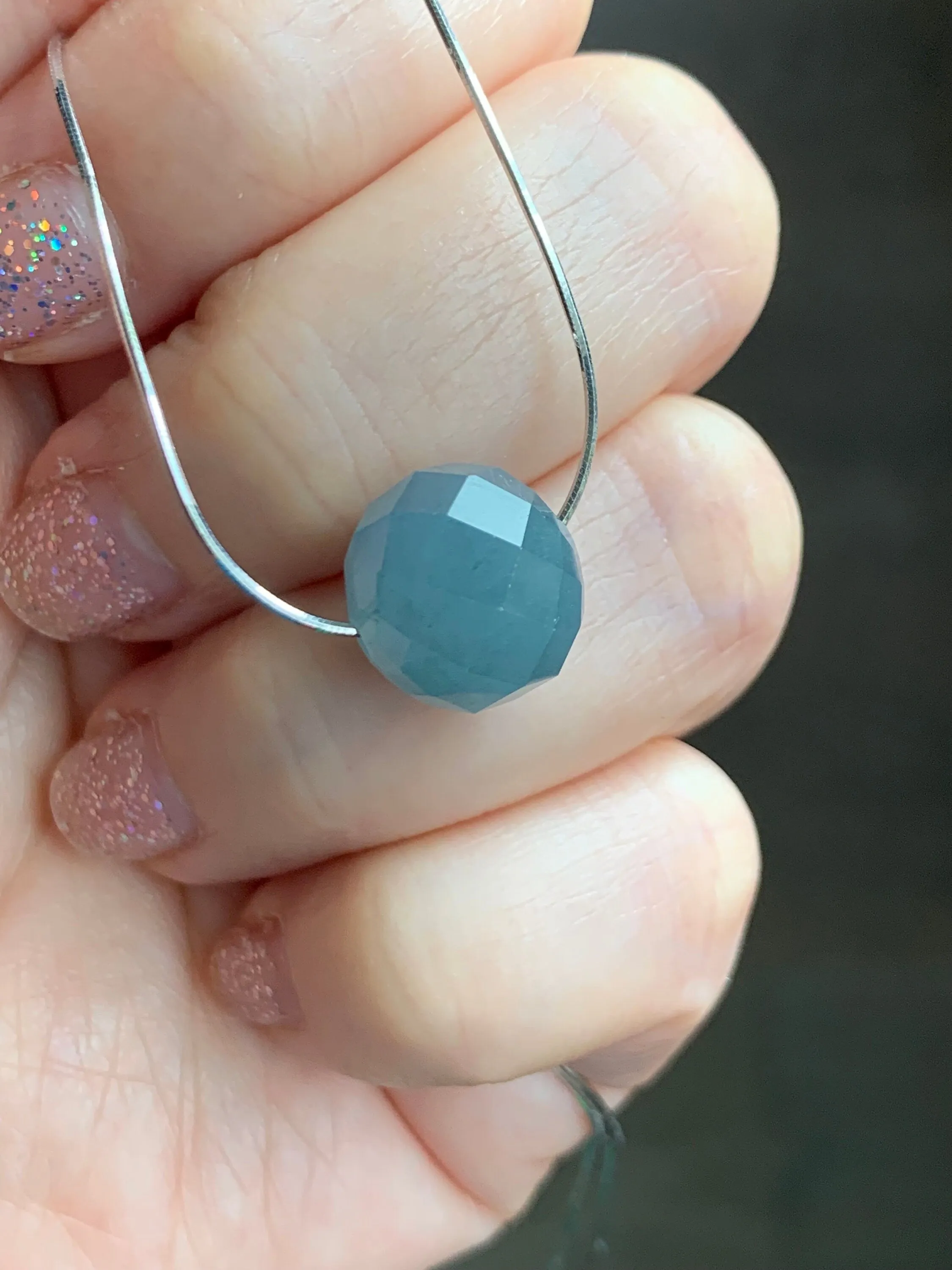 Natural Guatemalan Icy Translucent Light Dusty Blue Jadeite Faceted Drum Bead Pendant Sterling Silver Chain 17.5” adjustable 天然冰危淡蓝翡翠切割面鼓珠项链