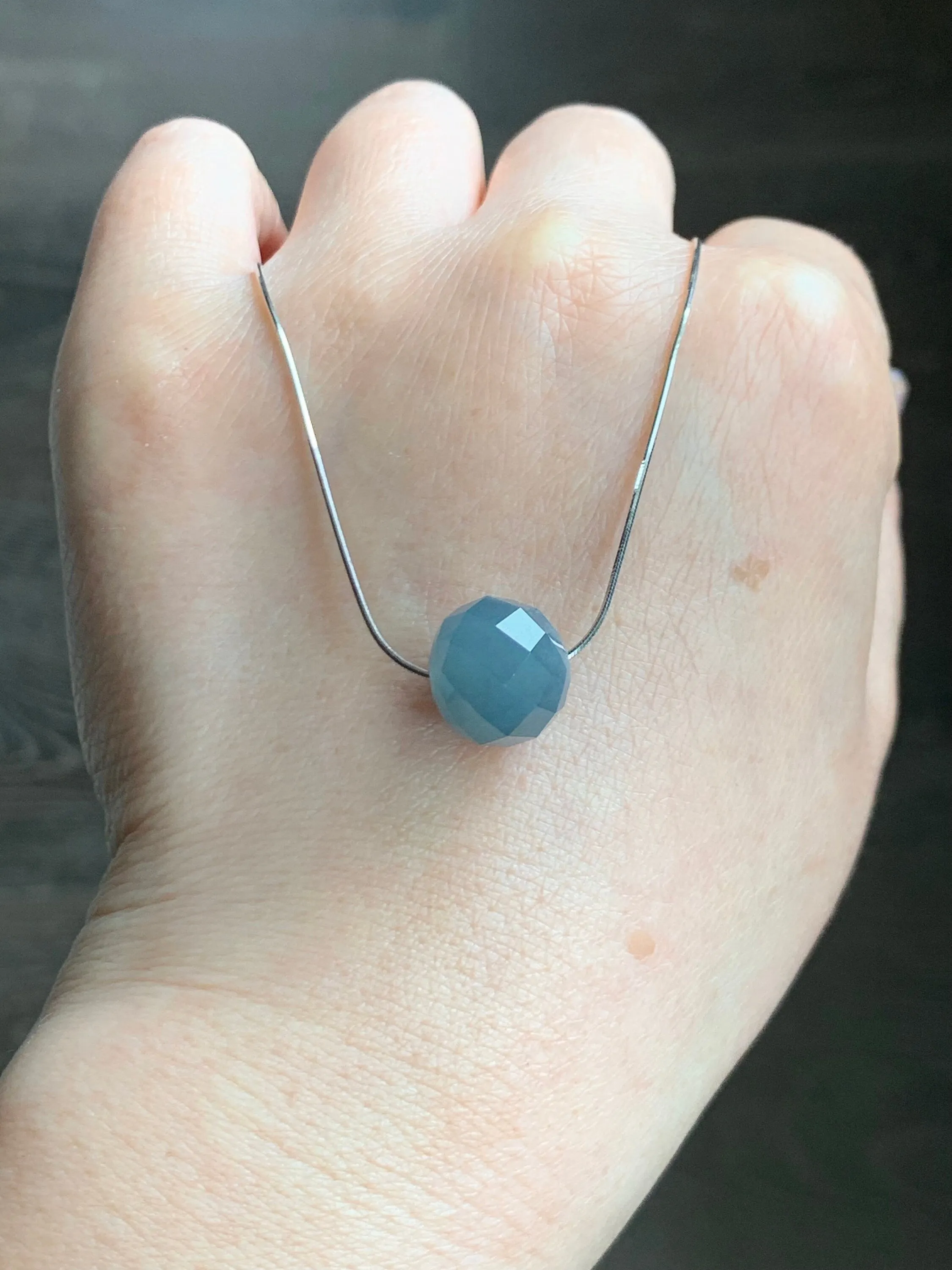 Natural Guatemalan Icy Translucent Light Dusty Blue Jadeite Faceted Drum Bead Pendant Sterling Silver Chain 17.5” adjustable 天然冰危淡蓝翡翠切割面鼓珠项链