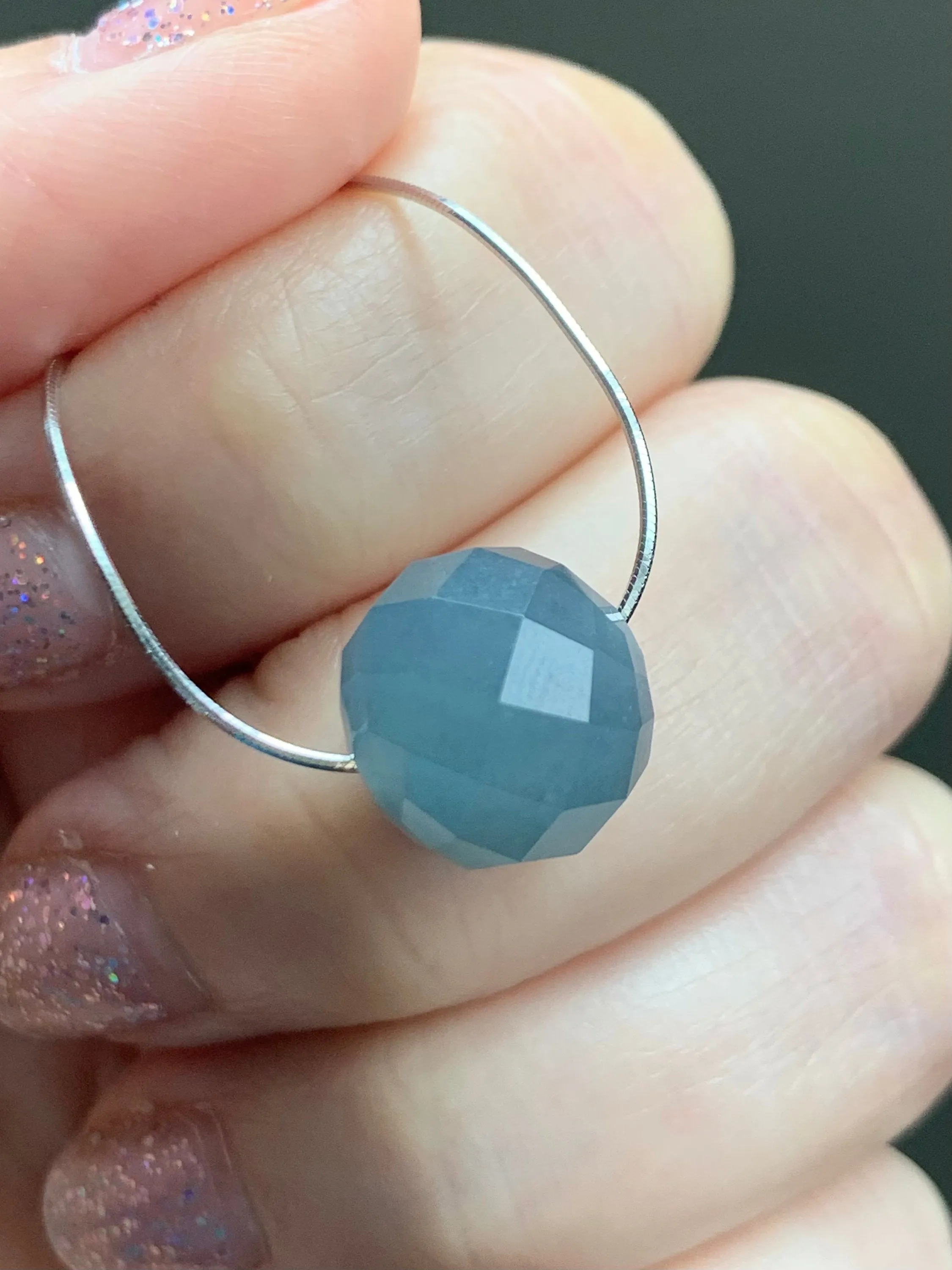 Natural Guatemalan Icy Translucent Light Dusty Blue Jadeite Faceted Drum Bead Pendant Sterling Silver Chain 17.5” adjustable 天然冰危淡蓝翡翠切割面鼓珠项链