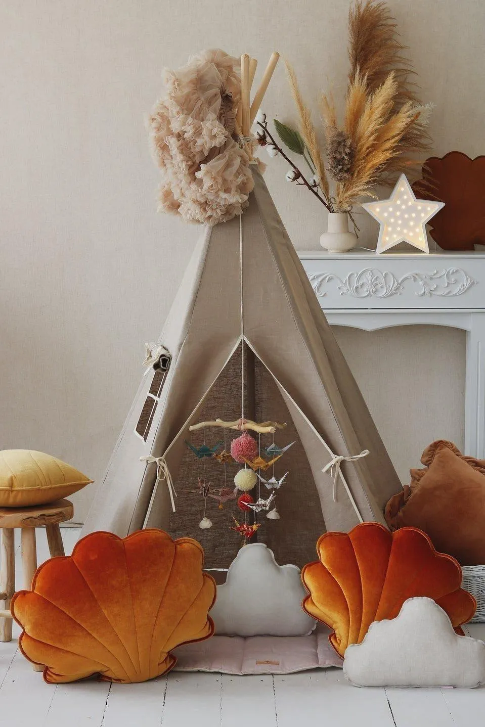 “Natural Linen” Teepee Tent and Leaf Mat Set