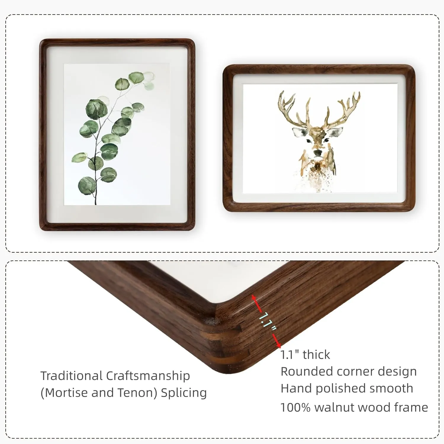 Natural Solid Wood 11x14 Picture Frame with 8.5x11 Mat,Real Walnut Wood Photo Frames 11 by 14 for Tabletop Gallery Wall Hanging