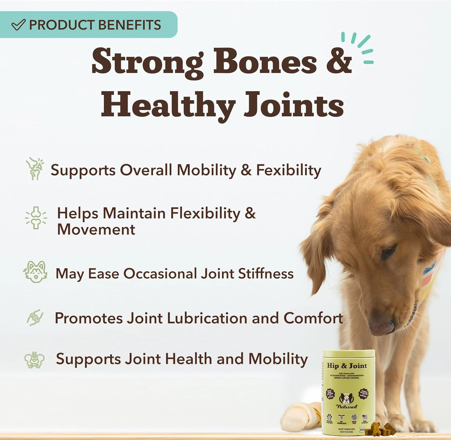 Natural Dog Company Hip & Joint Chews for Dogs with Glucosamine for Dogs   Chondroitin, MSM & Turmeric, Supports Mobility & Reduces Discomfort, Stiffness, Natural Pain Relief Joint Supplement. 180 Ct