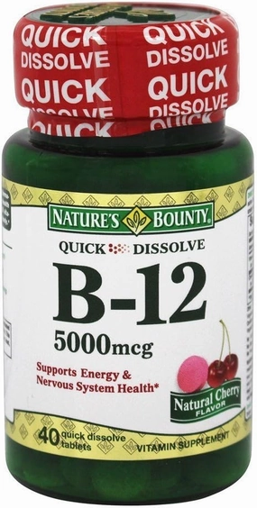 Nature's Bounty B-12 5000 mcg Supplement Quick Dissolve Natural Cherry Flavor - 40 Tablets, Pack of 2