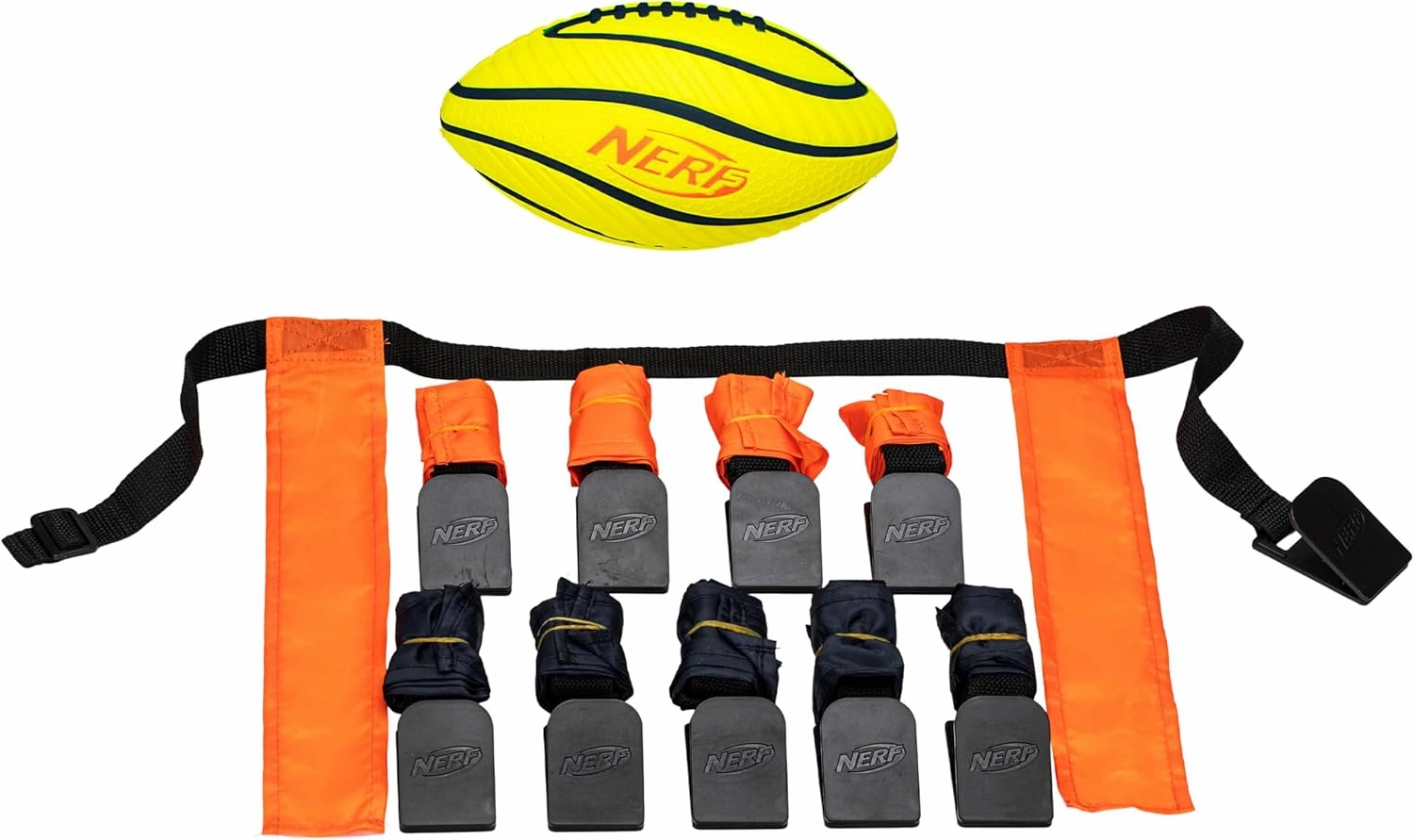 Nerf 10 Player Flag Football Belts   Ball Set - Youth Flags   Junior Foam Football for Kids - Full Kit for 5 v 5 Games - Includes (10) Belts   1 Foam Ball