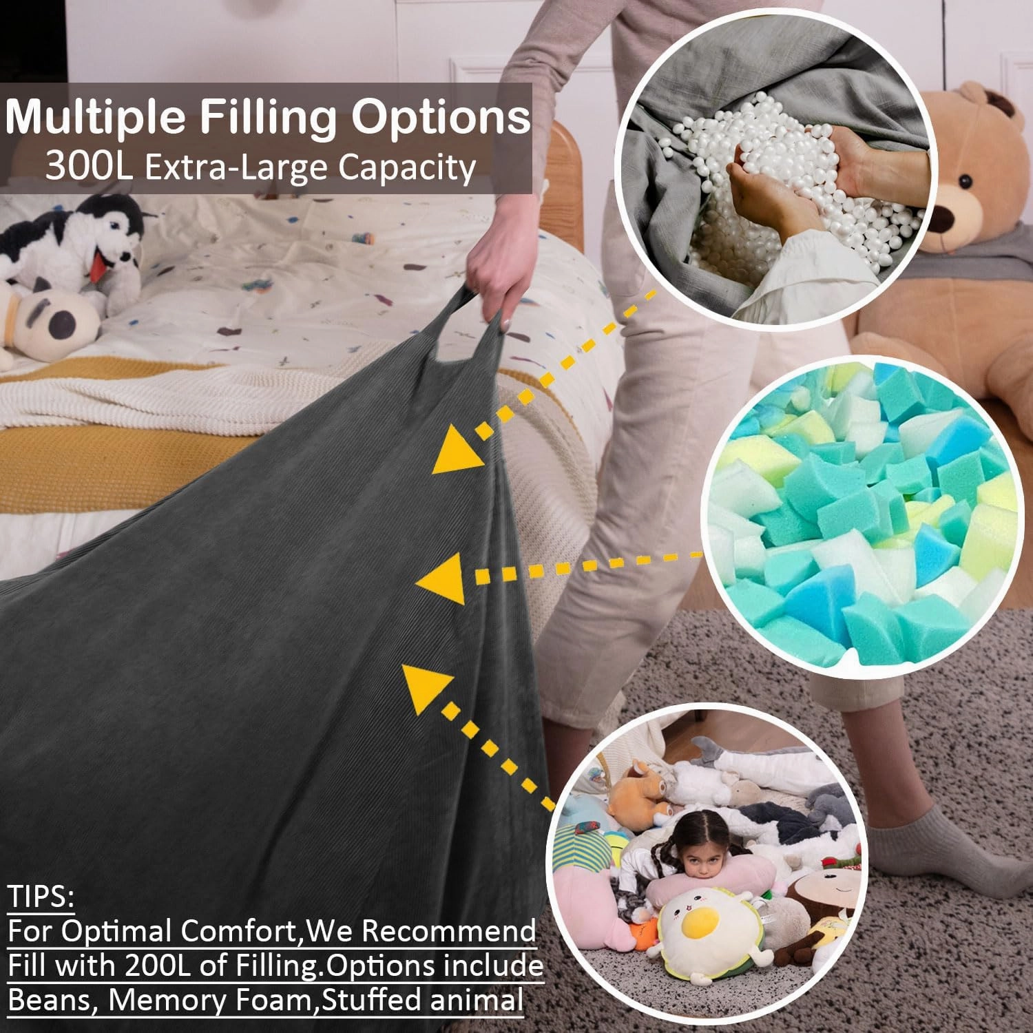 Nobildonna 3 ft Bean Bag Chair Cover (No Filler) 35"×43" Large Stuffed Animal Storage Bean Bag Washable Big Beanbag Chair Cover Premium Corduroy Bean Bag Cover for Adults,Kids,Dark Grey 300L