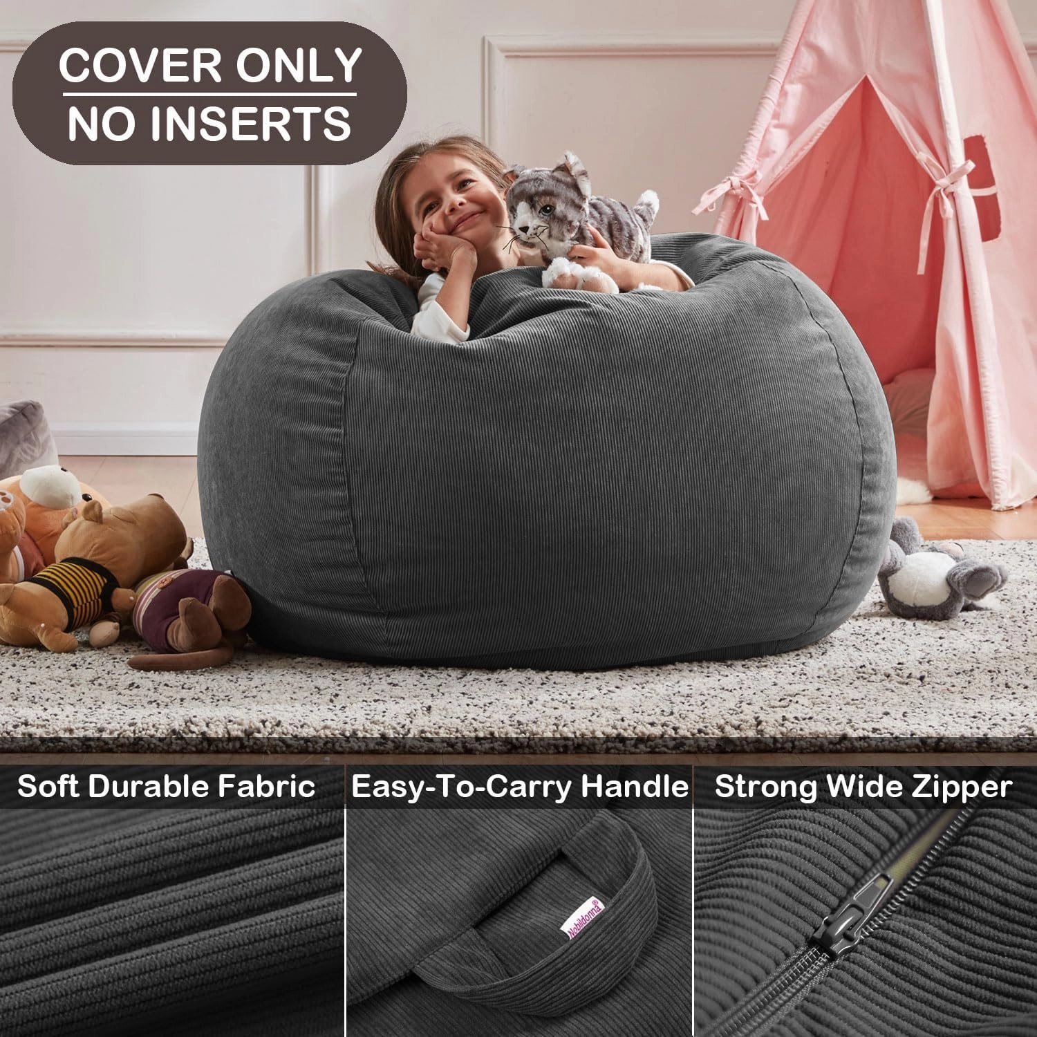 Nobildonna 3 ft Bean Bag Chair Cover (No Filler) 35"×43" Large Stuffed Animal Storage Bean Bag Washable Big Beanbag Chair Cover Premium Corduroy Bean Bag Cover for Adults,Kids,Dark Grey 300L