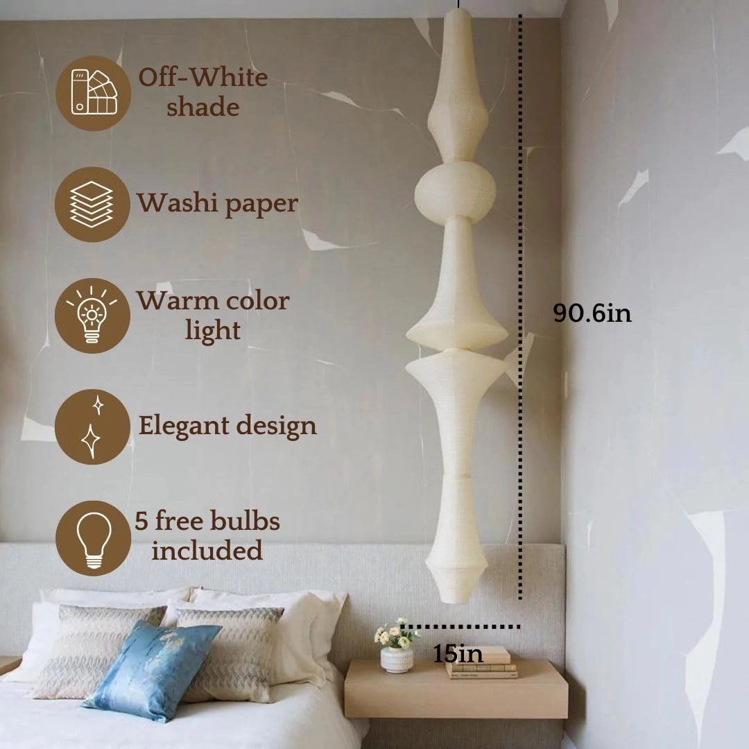 Nogy Large Lantern Lamp - Off White Pendant - Rice Paper - Long Pendant - Perfect for Home Decor, Easy Installation (Hardwired)