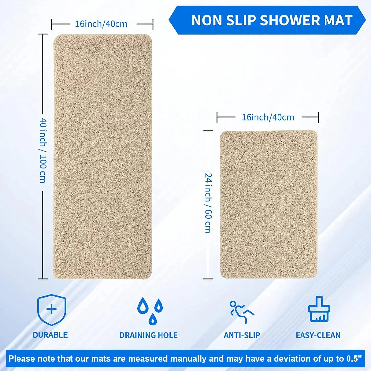 Non Slip Bathtub Mat, Anti Slip Shower Mat, Fast Drying Bath Tub Mats, Foot Scrubber Mat, Anti Slip Mat for Tub, Floor,Bathroom, Home, Kitchen, Hotel (Beige 24x16 Inch)