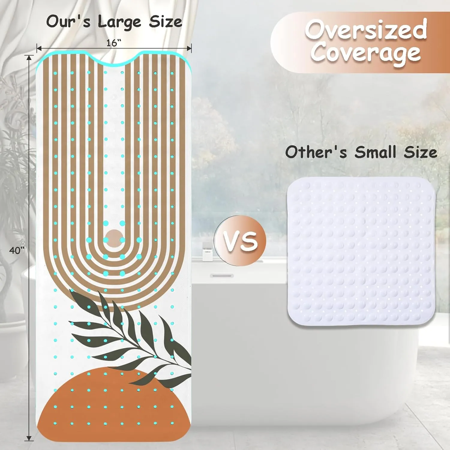 Non Slip Bathtub Mat, Bohemia Bath Mat for Tub, Extra Long Bathtub Mat Shower Mat with Suction Cups and Drain Holes for Elderly Kids Toddler Baby 40 X 16 Inch