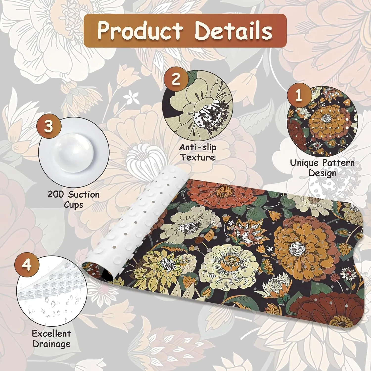 Non Slip Bathtub Mat, Bohemian Flower Bath Mat for Tub, Extra Long Bathtub Mat Shower Mat with Suction Cups and Drain Holes for Elderly Kids Toddler Baby 40 X 16 Inch