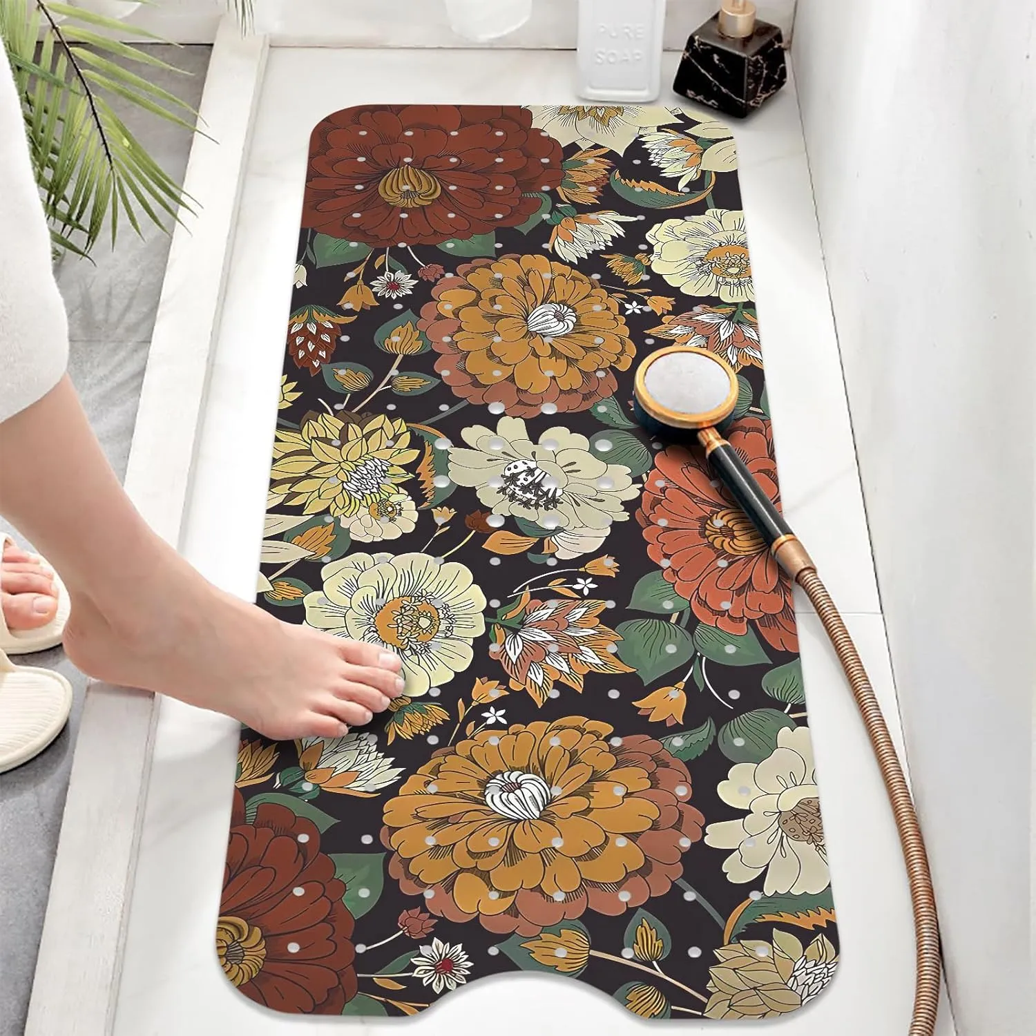 Non Slip Bathtub Mat, Bohemian Flower Bath Mat for Tub, Extra Long Bathtub Mat Shower Mat with Suction Cups and Drain Holes for Elderly Kids Toddler Baby 40 X 16 Inch