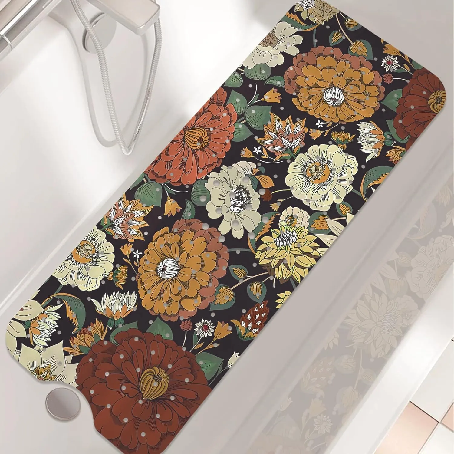 Non Slip Bathtub Mat, Bohemian Flower Bath Mat for Tub, Extra Long Bathtub Mat Shower Mat with Suction Cups and Drain Holes for Elderly Kids Toddler Baby 40 X 16 Inch