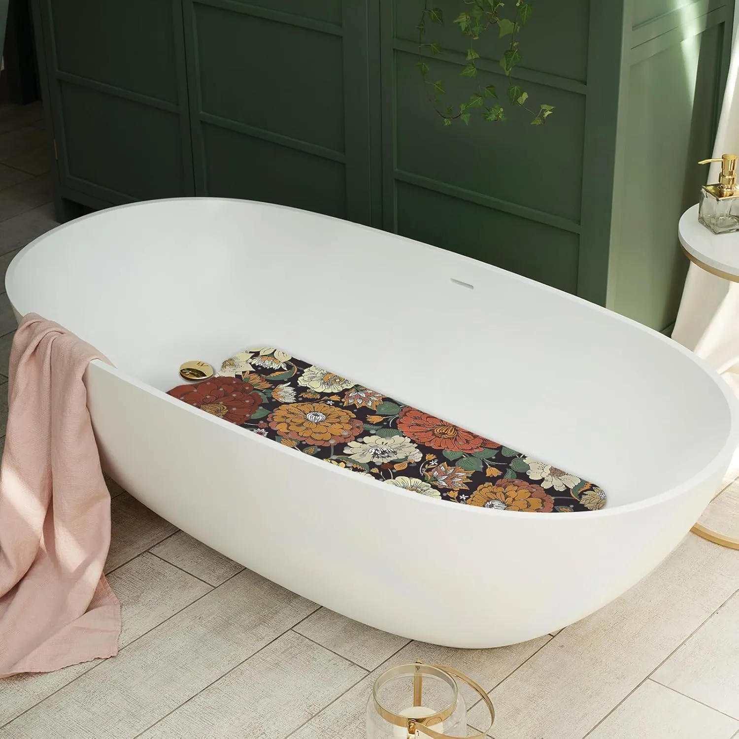 Non Slip Bathtub Mat, Bohemian Flower Bath Mat for Tub, Extra Long Bathtub Mat Shower Mat with Suction Cups and Drain Holes for Elderly Kids Toddler Baby 40 X 16 Inch