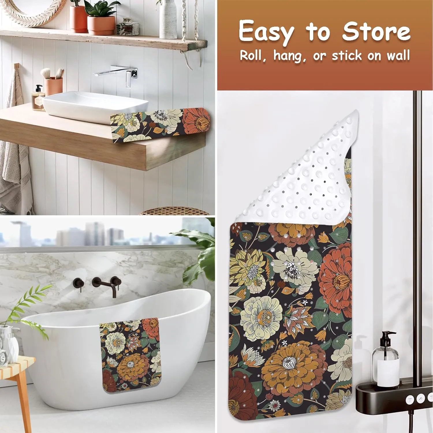 Non Slip Bathtub Mat, Bohemian Flower Bath Mat for Tub, Extra Long Bathtub Mat Shower Mat with Suction Cups and Drain Holes for Elderly Kids Toddler Baby 40 X 16 Inch