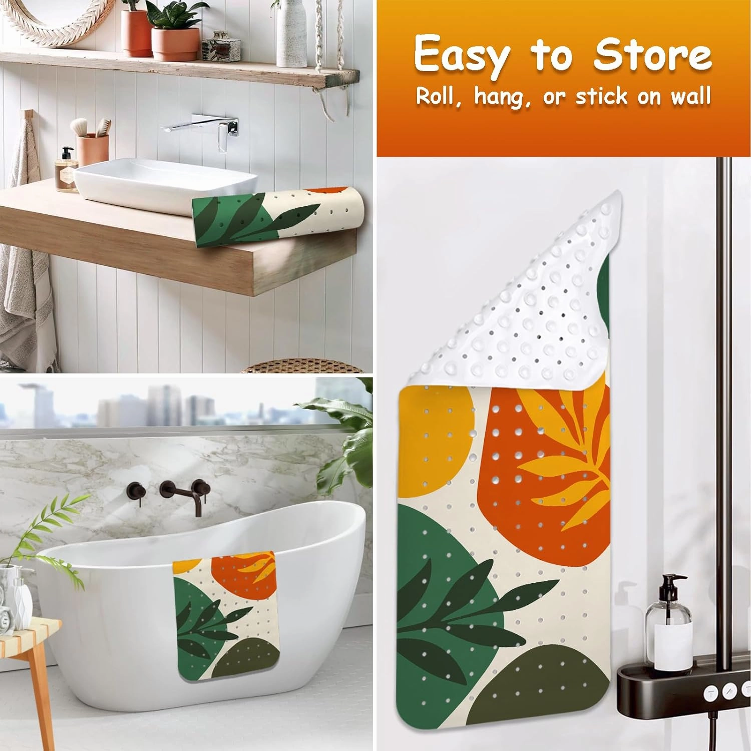 Non Slip Bathtub Mat, Bohemia Bath Mat for Tub, Extra Long Bathtub Mat Shower Mat with Suction Cups and Drain Holes for Elderly Kids Toddler Baby 40 X 16 Inch