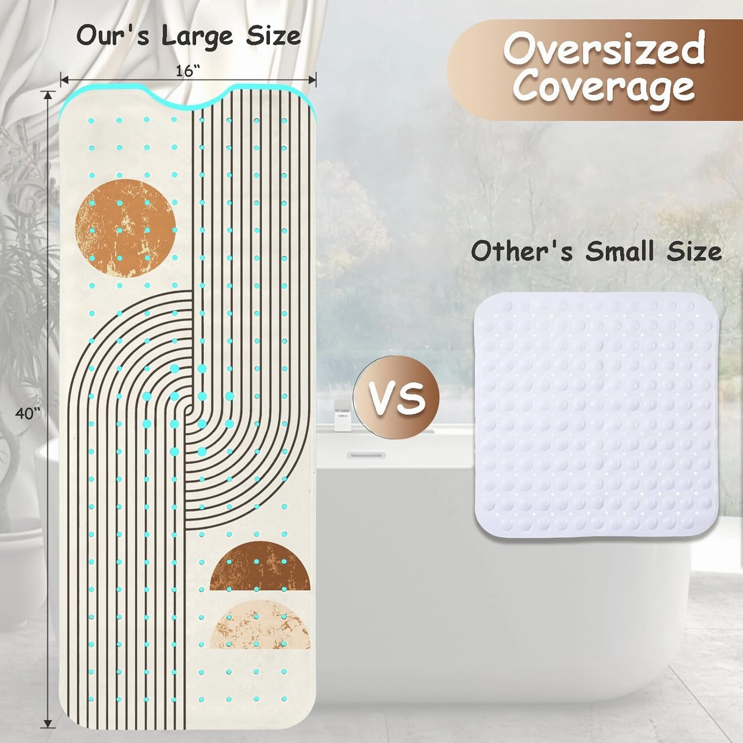 Non Slip Bathtub Mat, Bohemia Bath Mat for Tub, Extra Long Bathtub Mat Shower Mat with Suction Cups and Drain Holes for Elderly Kids Toddler Baby 40 X 16 Inch