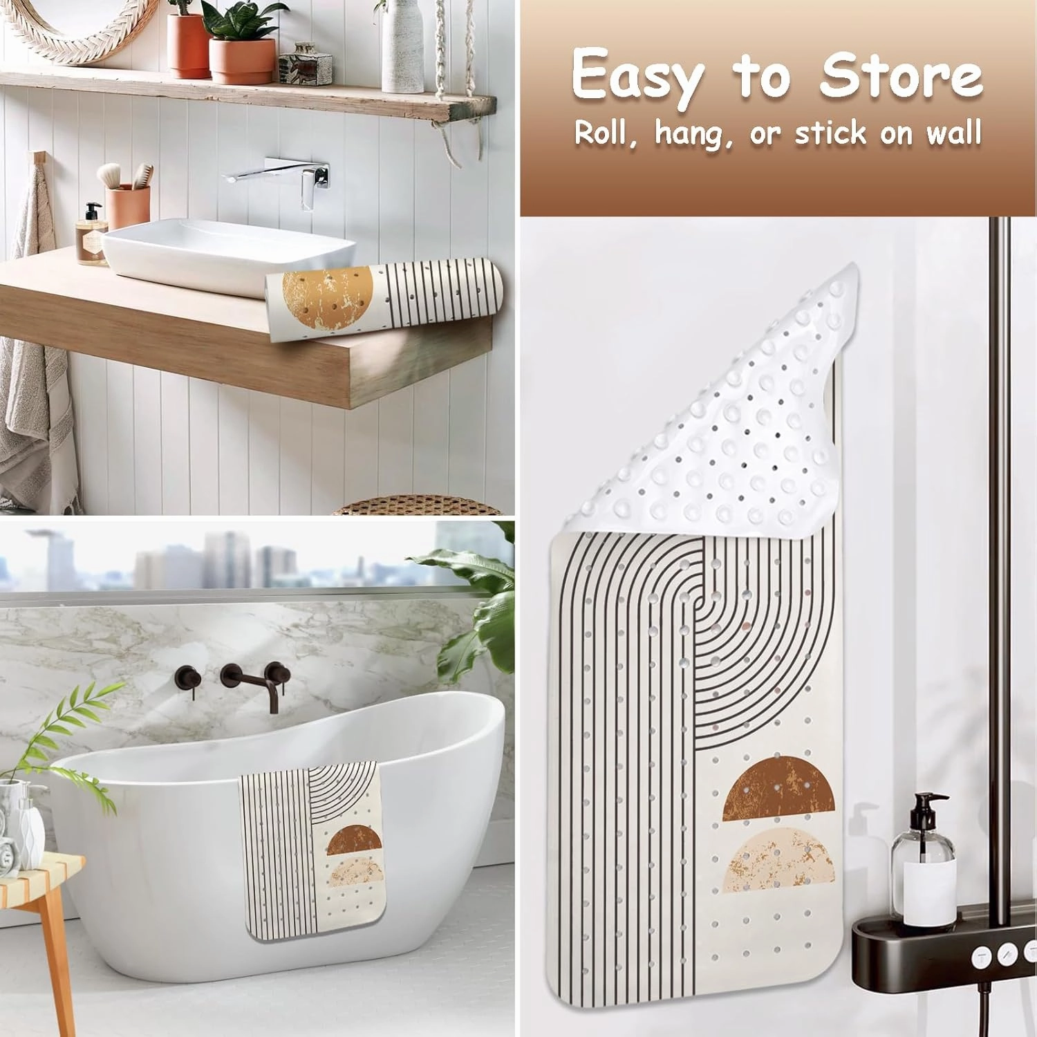 Non Slip Bathtub Mat, Bohemia Bath Mat for Tub, Extra Long Bathtub Mat Shower Mat with Suction Cups and Drain Holes for Elderly Kids Toddler Baby 40 X 16 Inch