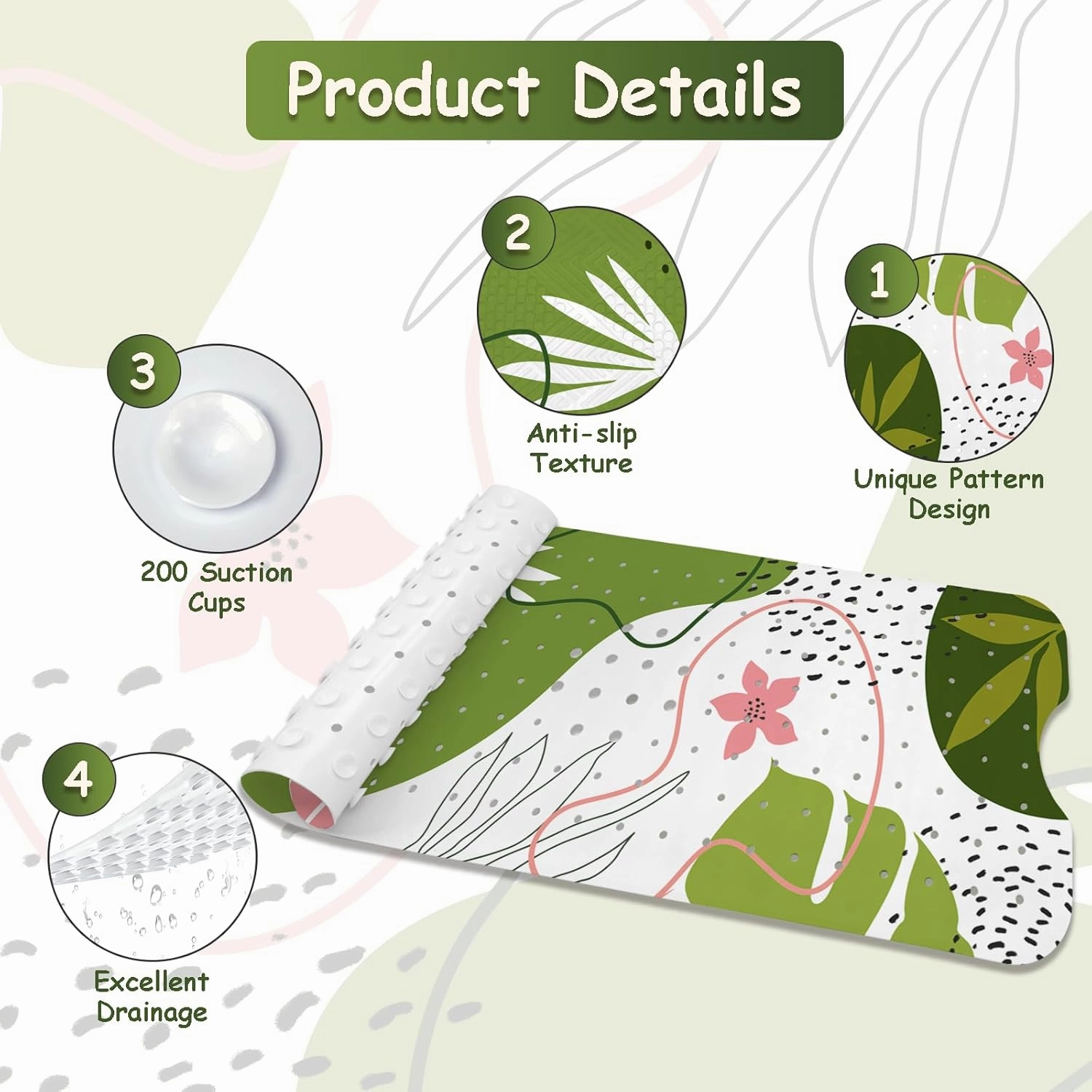 Non Slip Bathtub Mat, Bohemia Bath Mat for Tub, Extra Long Bathtub Mat Shower Mat with Suction Cups and Drain Holes for Elderly Kids Toddler Baby 40 X 16 Inch