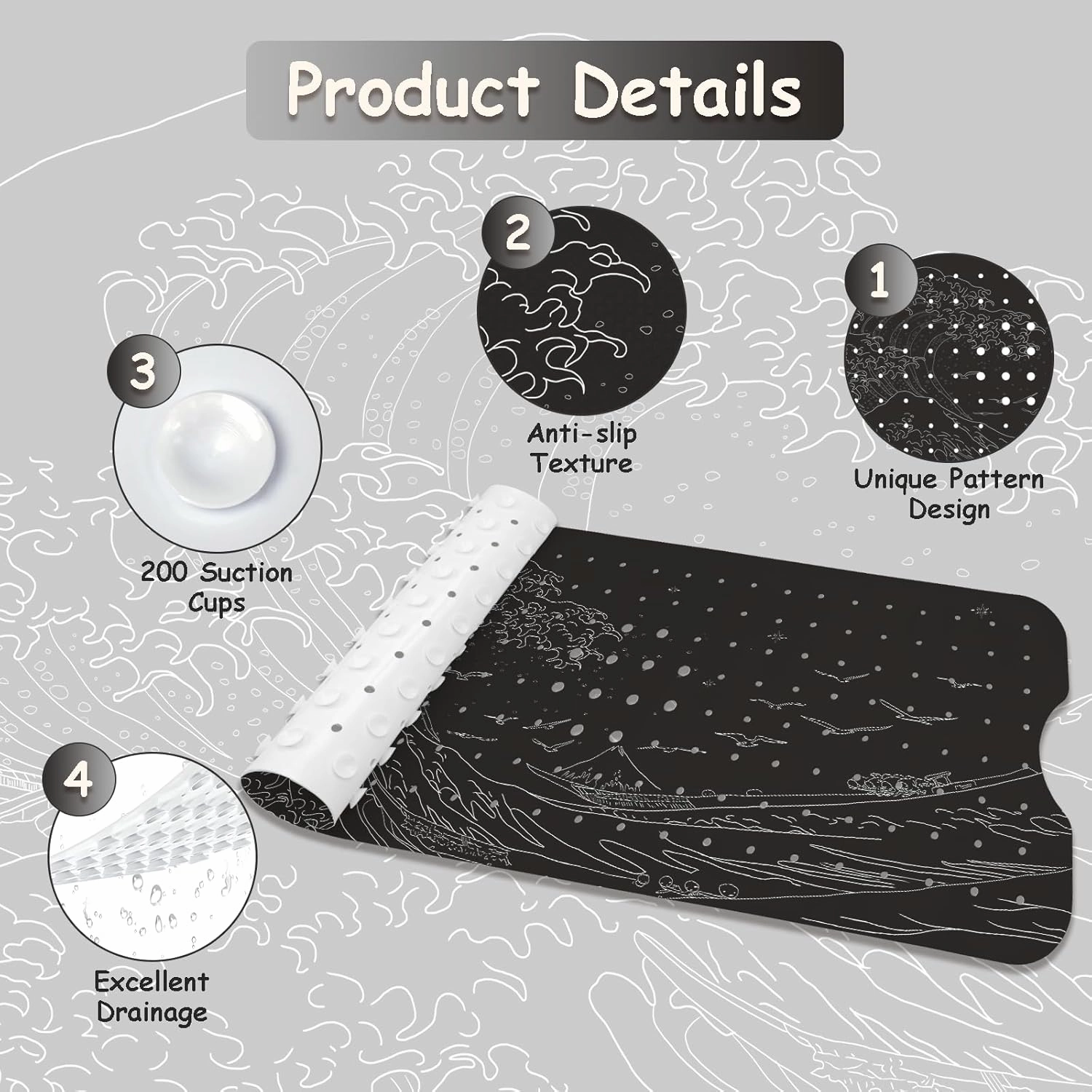 Non Slip Bathtub Mat, Flower Bath Mat for Tub, Extra Long Bathtub Mat Shower Mat with Suction Cups and Drain Holes for Elderly Kids Toddler Baby 40 X 16 Inch