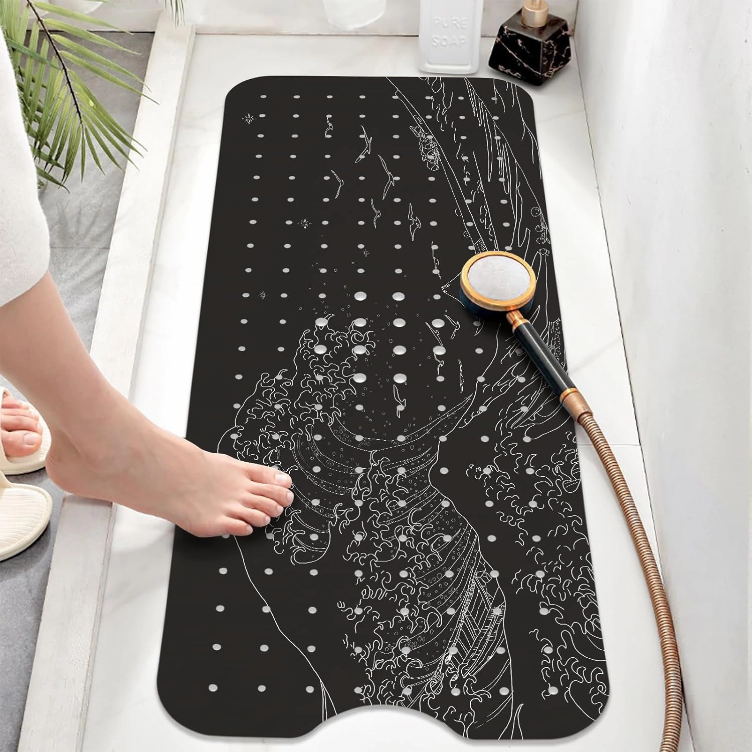 Non Slip Bathtub Mat, Flower Bath Mat for Tub, Extra Long Bathtub Mat Shower Mat with Suction Cups and Drain Holes for Elderly Kids Toddler Baby 40 X 16 Inch