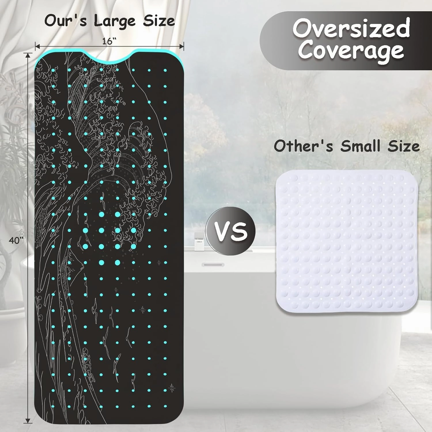 Non Slip Bathtub Mat, Flower Bath Mat for Tub, Extra Long Bathtub Mat Shower Mat with Suction Cups and Drain Holes for Elderly Kids Toddler Baby 40 X 16 Inch